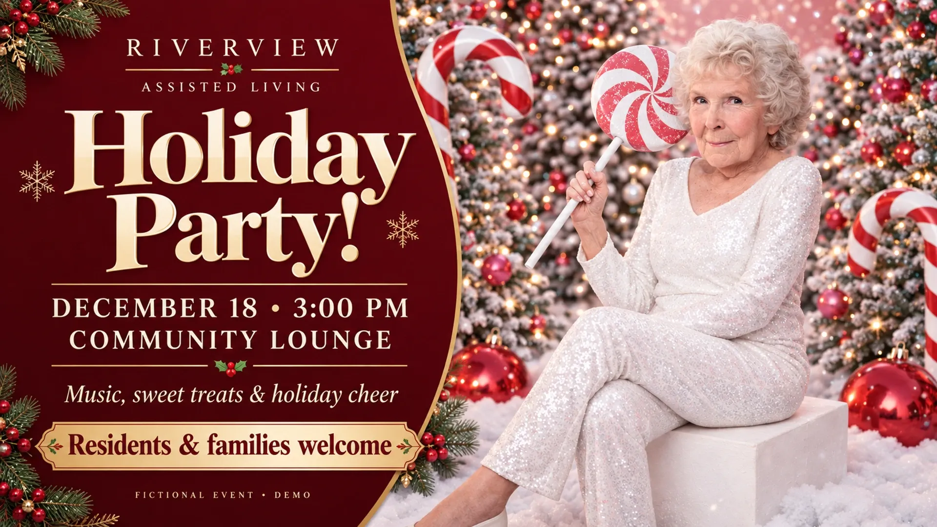 Riverview Assisted Living holiday-party board featuring Grandma in a sparkling white outfit holding a peppermint lollipop among candy canes