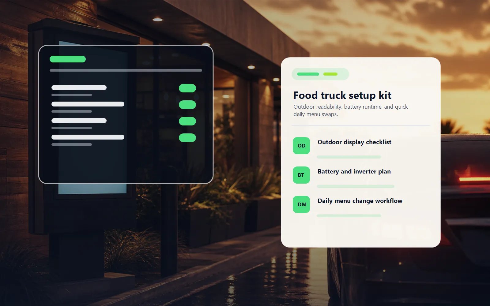 Food truck service window with an outdoor TV menu board