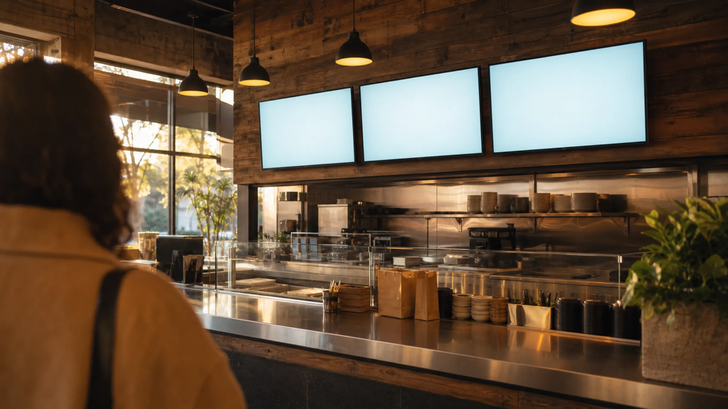 Restaurant counter with menu boards running directly on televisions