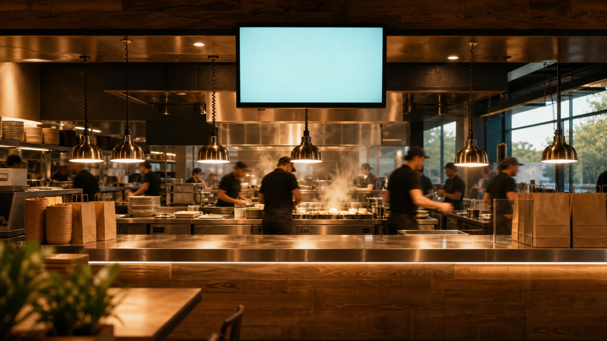Open restaurant expo line with warm heat lamps and a blank glowing kitchen display