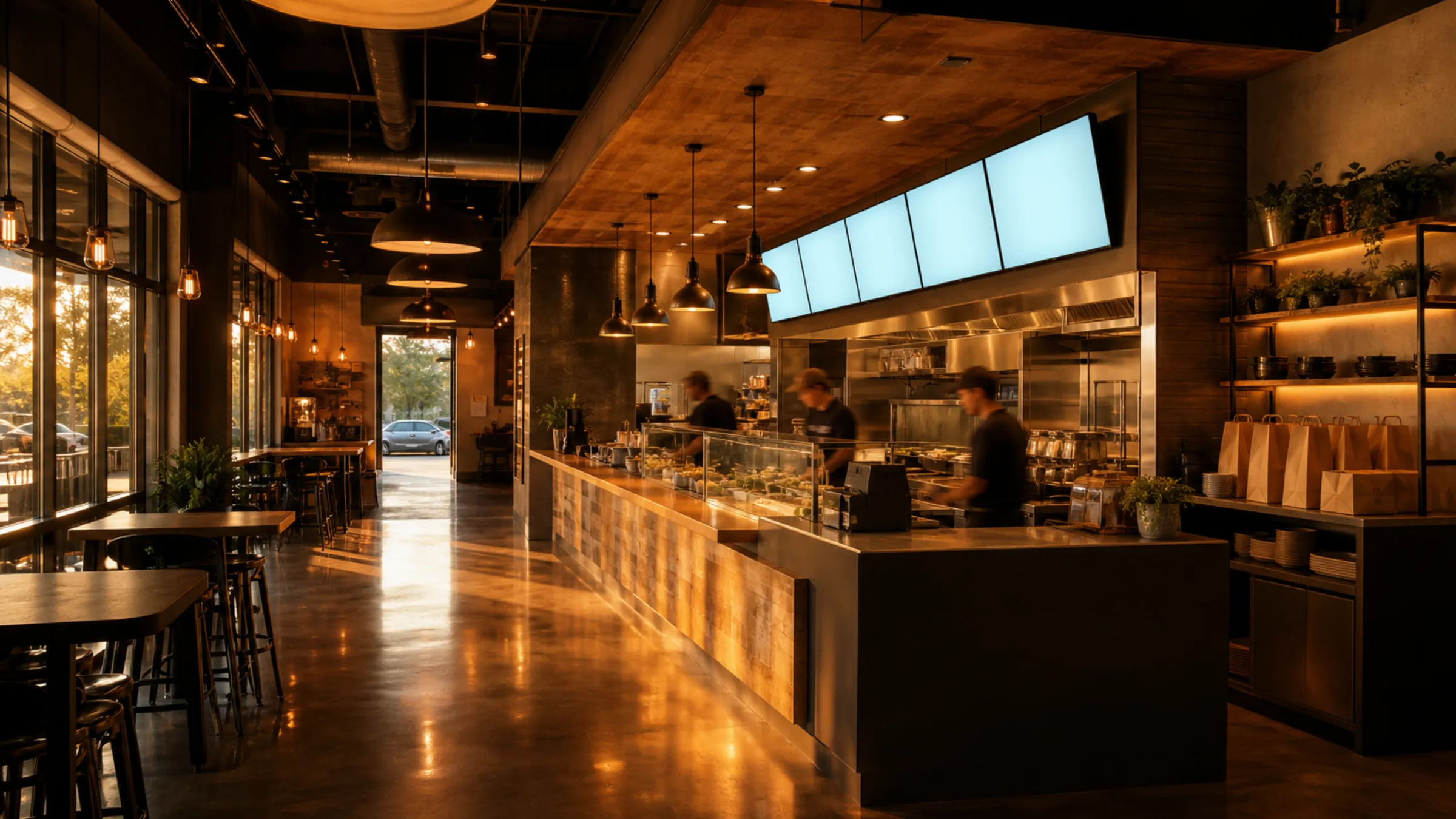Ultra-wide golden-hour restaurant interior with counter screens, pickup shelves, and staff in motion