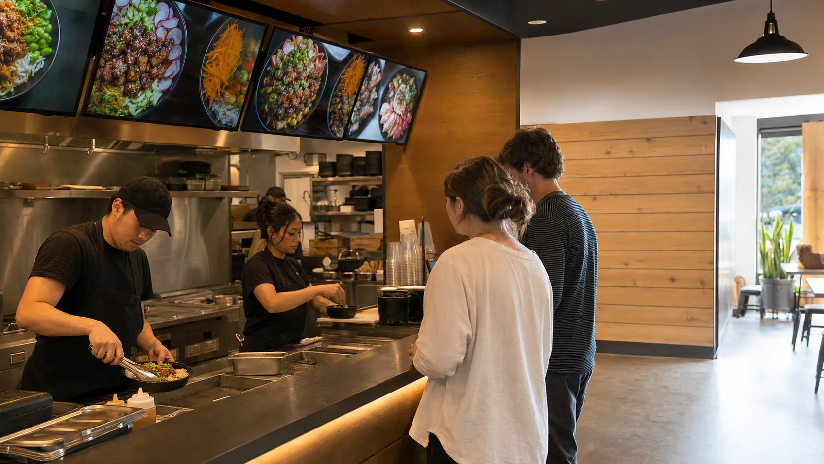 Restaurant team serving lunch beneath a row of digital menu screens