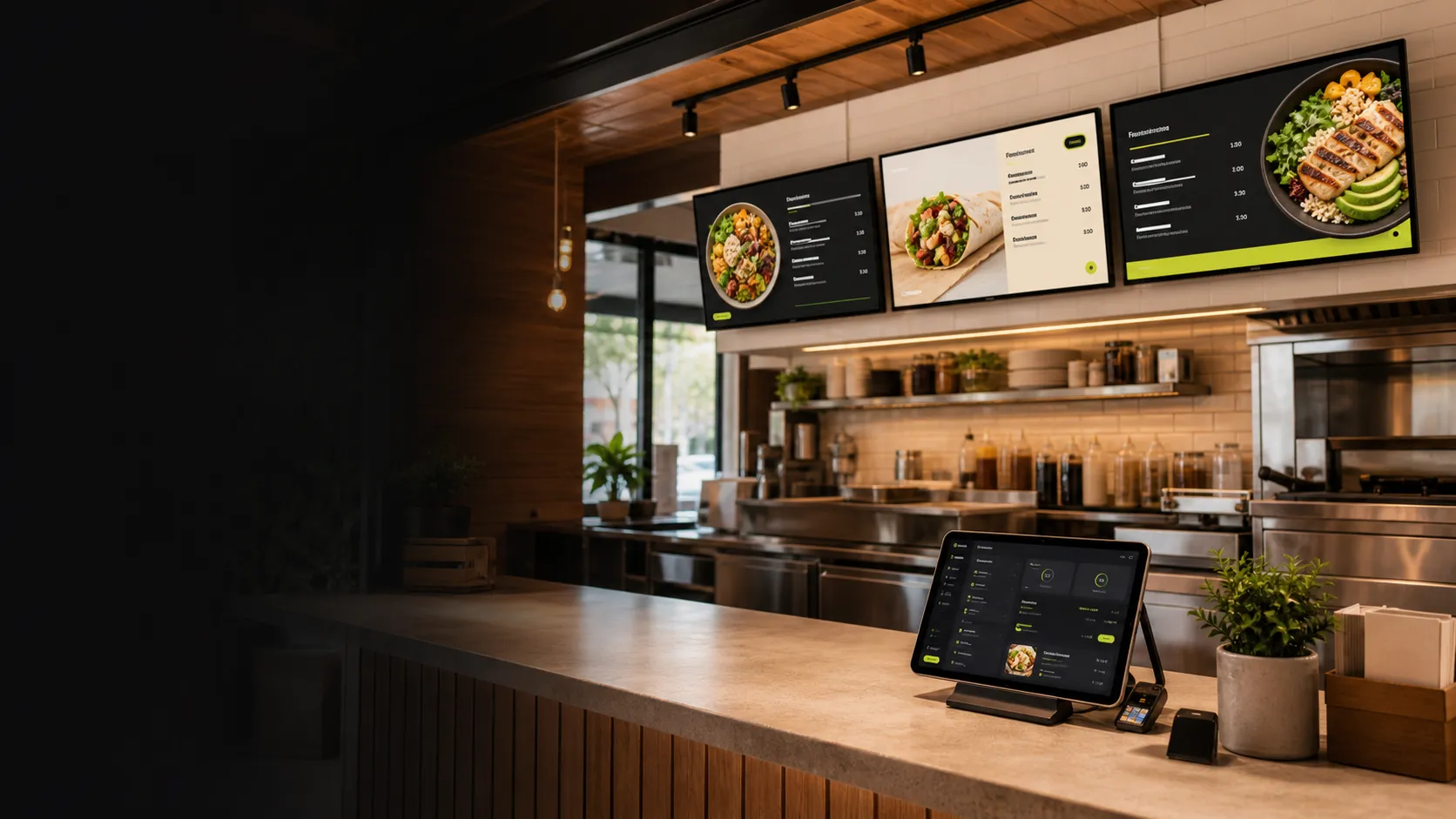 Restaurant interior with TVMenus menu boards above the counter at golden hour
